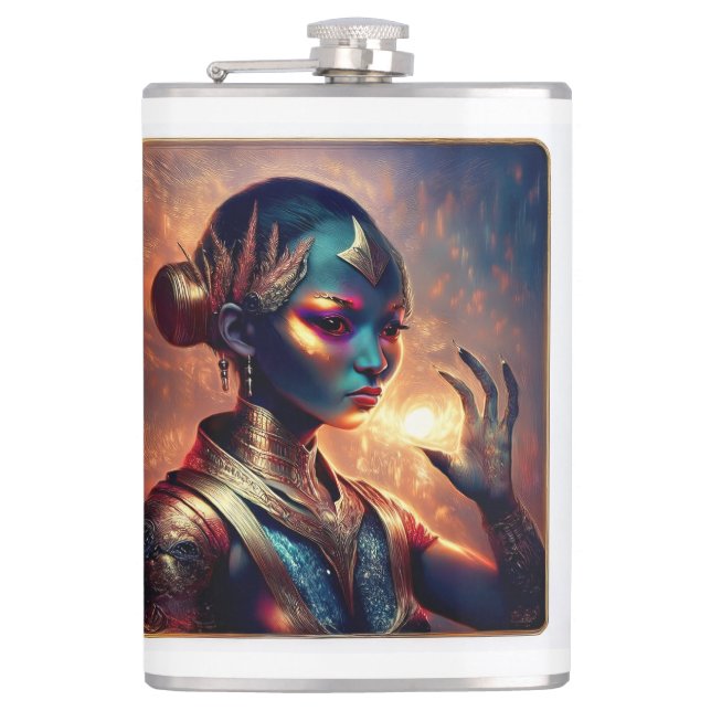 Dark Alien Princess Poses With Fiery Background Flachmann (Vorderseite)