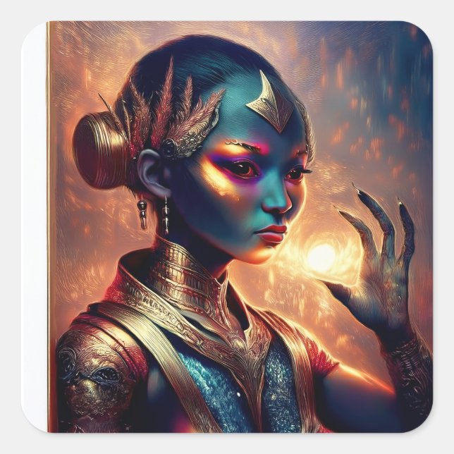 Dark Alien Princess Poses With Fiery Background Quadratischer Aufkleber (Vorderseite)