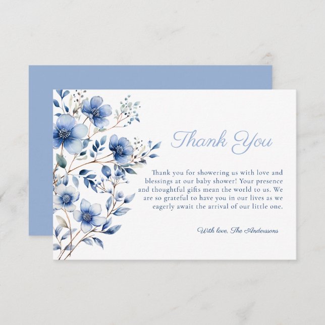 Dark and Dusty Blue Wildblumen Babydusche Dankeskarte (Vorne/Hinten)