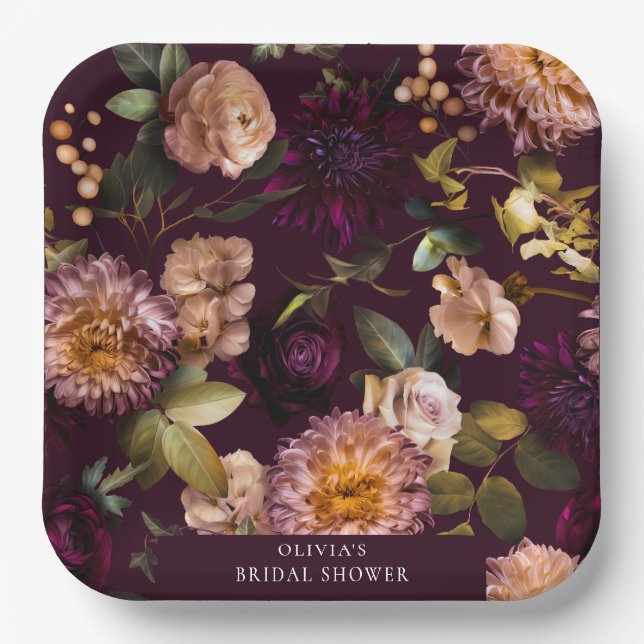 Dark and Moody Dramatic Floral Brautparty Luxe Pappteller (Vorderseite)
