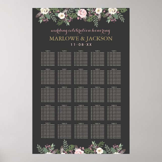 Dark and Moody Floral Boho Hochzeitssitze Poster (Vorne)