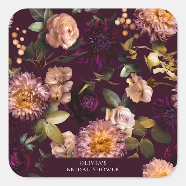 Dark and Moody Romantic Burgundy Brautparty Quadratischer Aufkleber (Vorderseite)