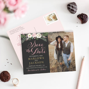 Dark and Moody Rose Pink Floral Boho Hochzeit Ankündigungspostkarte