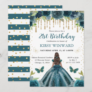 Dark Aqua Dress Dark Skin Princess Birthday Einladung