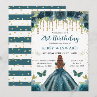 Dark Aqua Dress Rothaarige Prinzessin Geburtstag Einladung