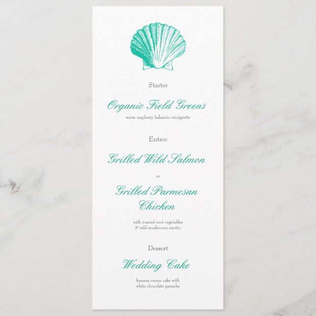 Dark Aqua Seashell Wedding Reception Dinner Menu Menükarte (Vorderseite)