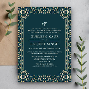 Dark Aquamarin Beige Ikat Anand Karaj Sikh Wedding Einladung