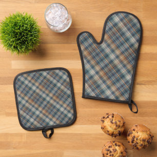 Dark Aquamarin Blue Beige Tan Kariert Gingham Patt Ofenhandschuh & Topflappen-Set