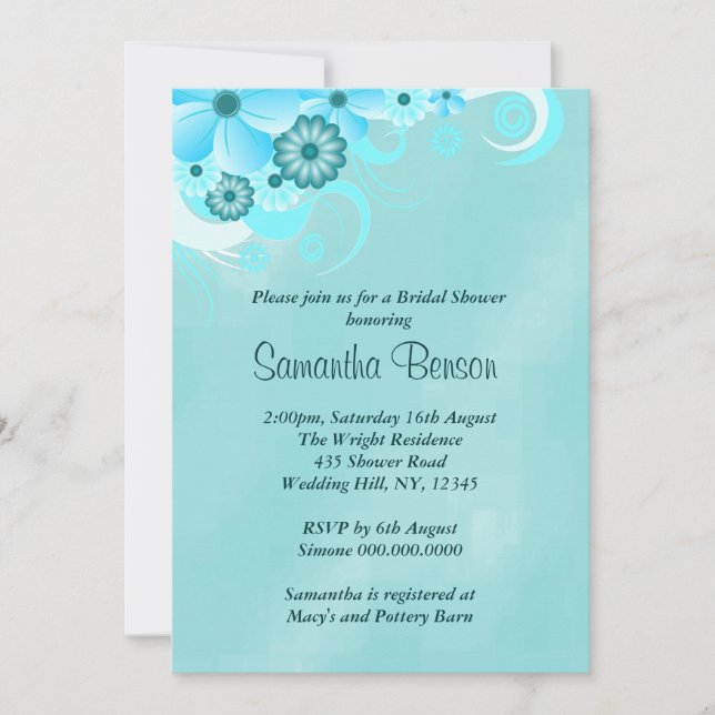 Dark Aquamarin Blue Floral Brautparty lädt ein Einladung (Vorderseite)