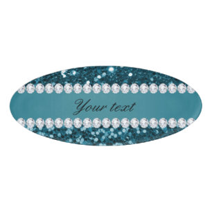 Dark Aquamarin Blue Imitats Glitzer und Diamanten Namenschild