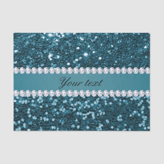 Dark Aquamarin Blue Imitats Glitzer und Diamanten Seidenpapier (Vorderseite)