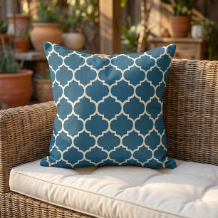 Dark Aquamarin Blue Ivory Quatrefoil Trellis Muste Kissen