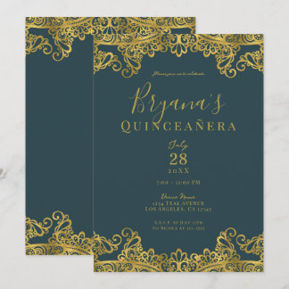 Dark Aquamarin & Gold Lace Elegantes Quinceñera Pa Einladung
