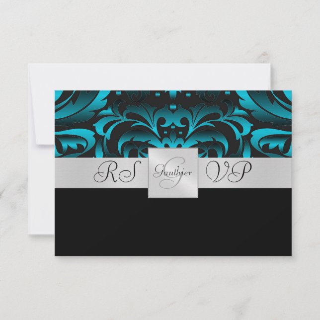 Dark Aquamarin Monogram Half Damask UAWG Einladung (Vorderseite)