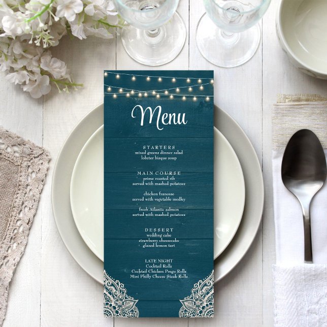 Dark Aquamarin Rustic Elegance Menu Card Menükarte (Dark Teal Rustic Elegance Menu Card on a white silver boho wedding table.)