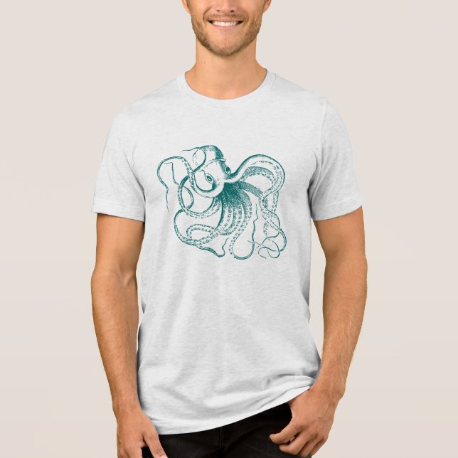 Dark Aquamarin Vintag Octopus Illustration Tri-Blend Shirt (Vorderseite)