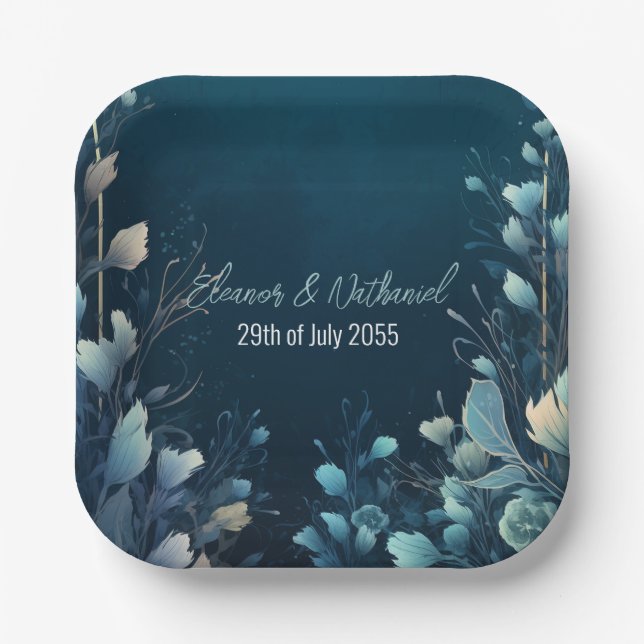 Dark Aquamarine und Aquamarin Blue Floral Wedding Pappteller (Vorderseite)