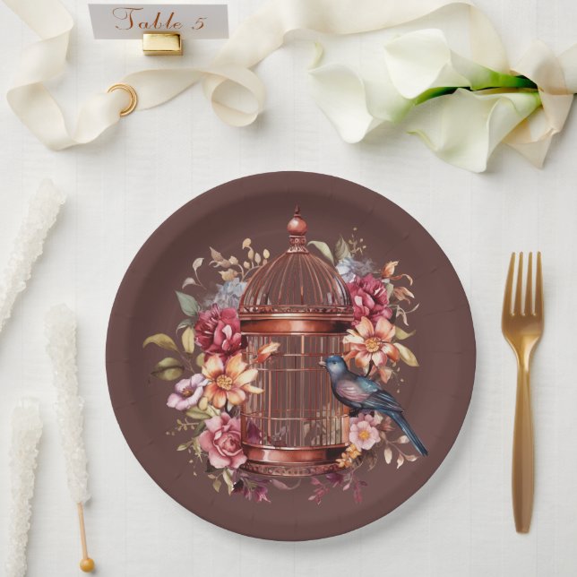 Dark Auburn Brown Pink Blue Birdcage Dusche Pappteller (Hochzeit)