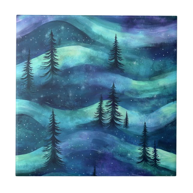 Dark Aurora Borealis Night Forest (9) Fliese (Vorderseite)