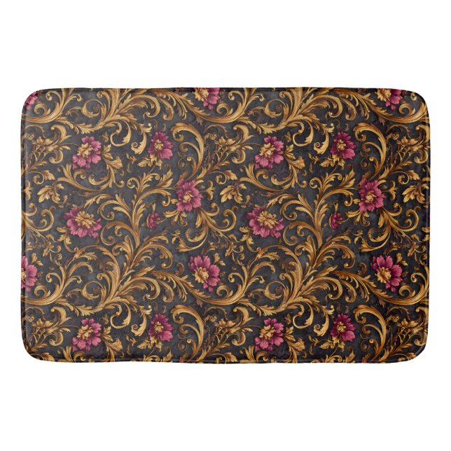 Dark Baroque Floral with Gold Scrolls Badematte (Vorderseite)