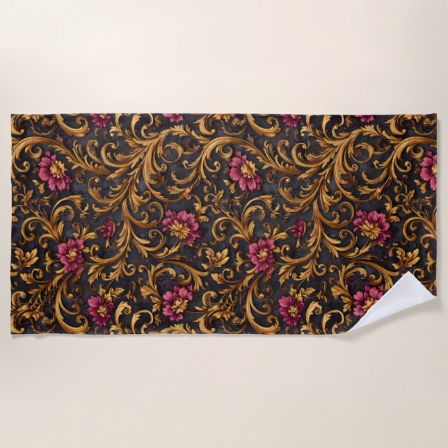 Dark Baroque Floral with Gold Scrolls Strandtuch (Vorderseite)
