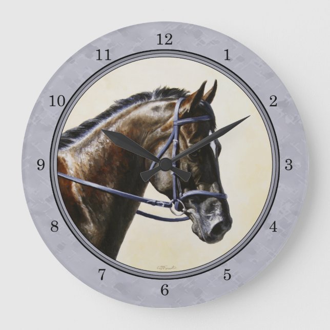 Dark Bay Sport Horse Gray Große Wanduhr (Vorderseite)