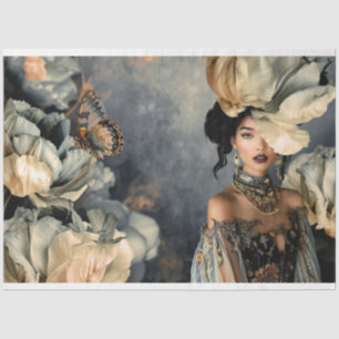 Dark Beauty & Moody Blue Floral, Portrait Art Seidenpapier