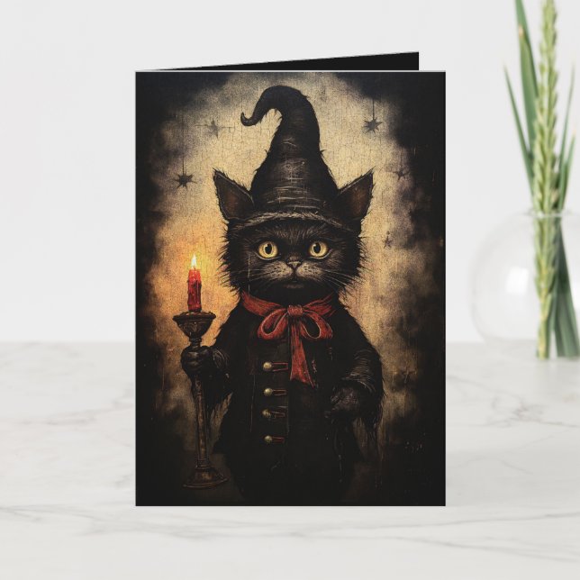 Dark Black Cat Design für Halloween, Goth & Occult Karte (Vorderseite)