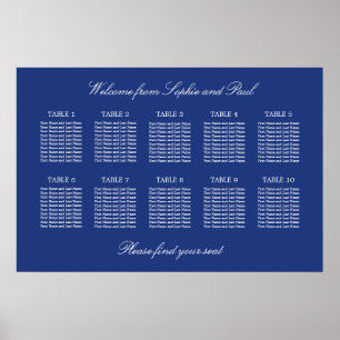 Dark Blue 10 Table Wedding Seating Chart Poster