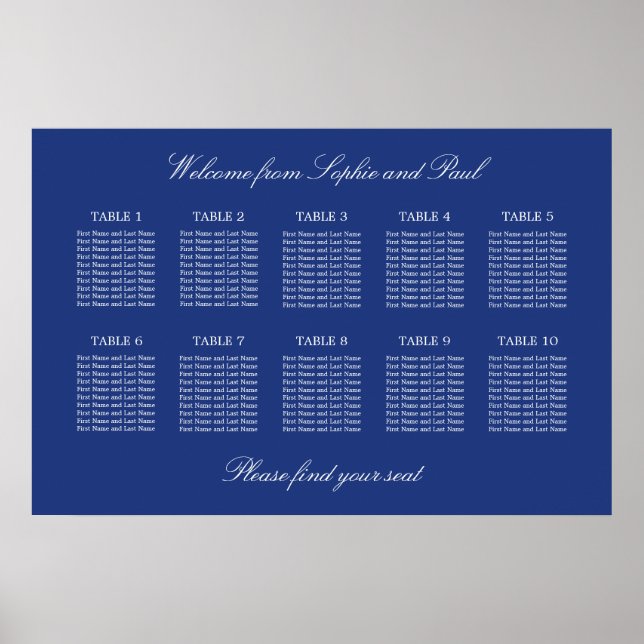 Dark Blue 10 Table Wedding Seating Chart Poster (Vorne)