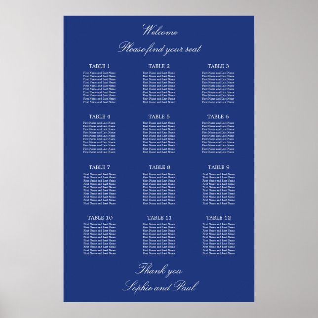 Dark Blue 12 Table Wedding Seating Chart Poster (Vorne)
