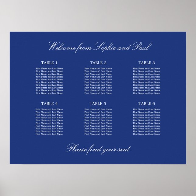 Dark Blue 6 Table Wedding Chart Poster (Vorne)