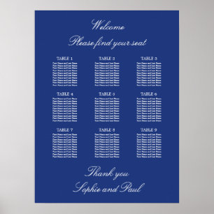 Dark Blue 9 Table Wedding Chart Poster