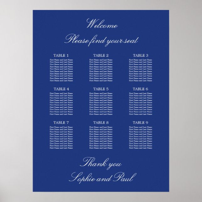 Dark Blue 9 Table Wedding Chart Poster (Vorne)