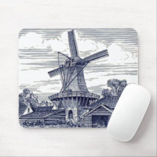Dark Blue Antique Delft Blue Dutch Windmill Mousepad