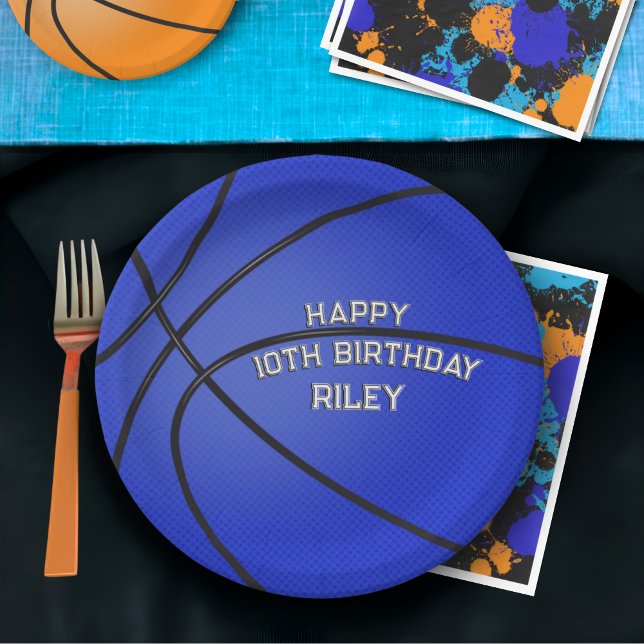 Dark Blue Basketball Happy Birthday Name Pappteller (Von Creator hochgeladen)