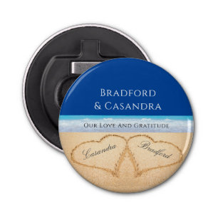 Dark Blue Beach Hochzeit 2 Herzen im Sand Flaschenöffner