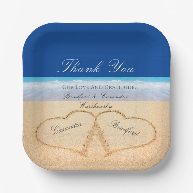 Dark Blue Beach Hochzeit 2 Herzen im Sand Pappteller (Vorderseite)