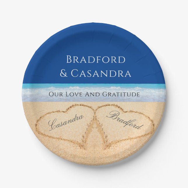Dark Blue Beach Hochzeit 2 Herzen in der Sand Pape Pappteller (Vorderseite)
