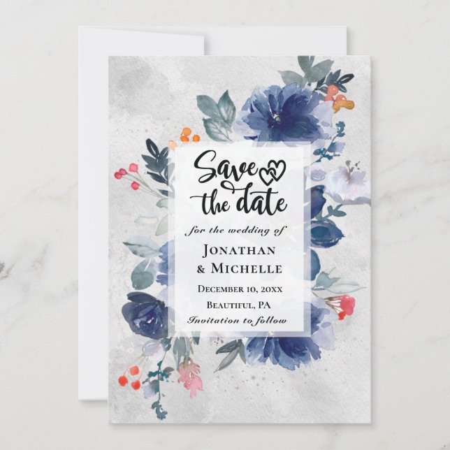 Dark Blue Blume Red Berries Floral Wedding Save The Date (Vorderseite)