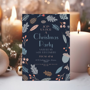 Dark Blue Botanical Christmas Party Blätter Acorns Einladung
