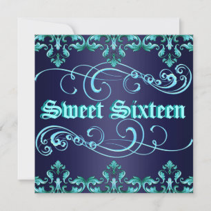 Dark Blue Damask Print Sweet 16 Birthday Einladung