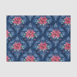 Dark Blue Damask with Red Poinsettia Flowers Seidenpapier