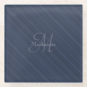 Dark Blue Diagonal Stripes Custom Monogram Name Glasuntersetzer