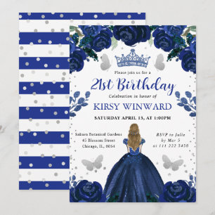 Dark Blue Dress Blonde Princess Birthday Einladung