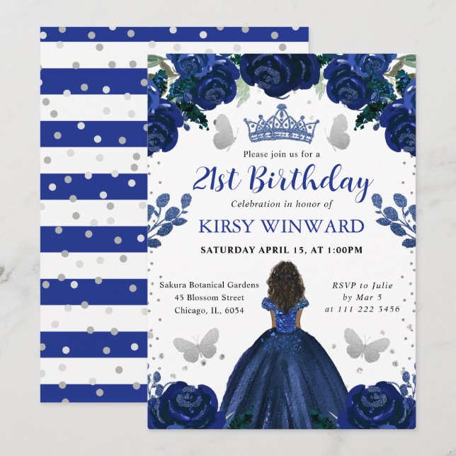 Dark Blue Dress Dark Skin Princess Birthday Einladung (Vorne/Hinten)