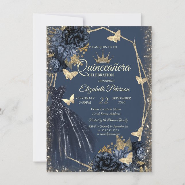 Dark Blue Dress,Roses,Gold Butterflies Quinceañera Einladung (Vorderseite)