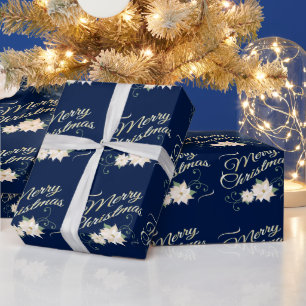 Dark Blue Elegant Frohe Weihnachten Weiße Poinsett Geschenkpapier