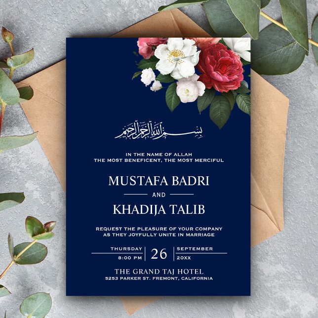 Dark Blue Floral Bouquet Islamische Hochzeit Einladung (Von Creator hochgeladen)