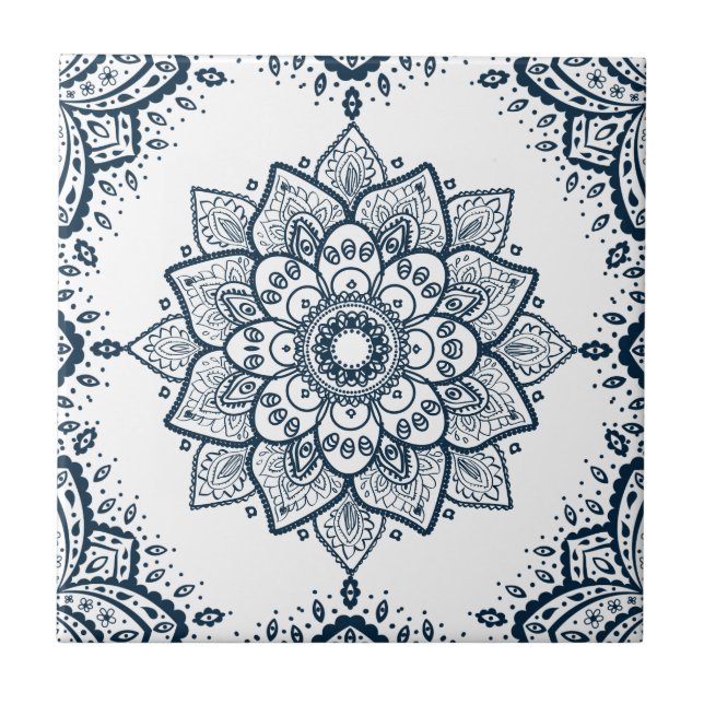 Dark Blue Floral Mandala & Frame Fliese (Vorderseite)